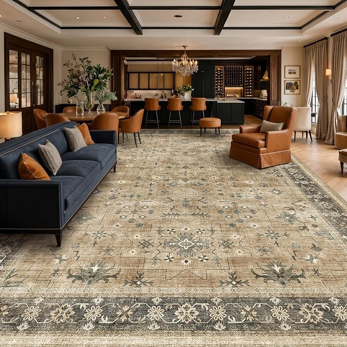 Warm Taupe Sage 9x12 Living Room Rug - Vintage Extra Large Area Rugs for Dining Room Under Table, Washable Low Pile Carpet for Bedroom Under the Bed, Non-Slip Stain & Fade Resistant