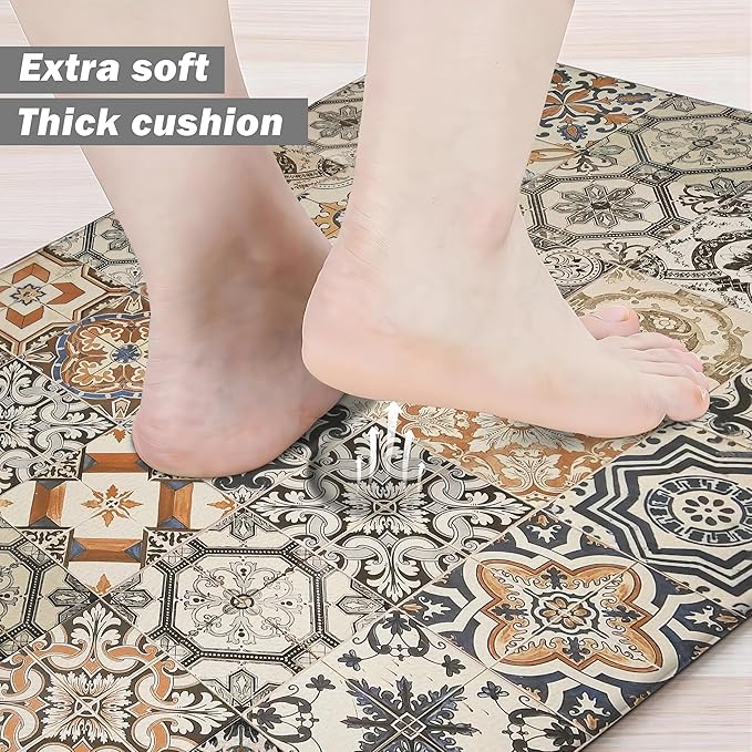 Boho Kitchen Rugs Set 2 Memory Foam Colorful Ceramic Comfort Tile Floor Mat Anti Fatigue Non-Skid PVC Runner Rug Water & Oil Proof Carpet for Kitchen Laundry Sink,17.3x28+17.3x47 Inch, C3