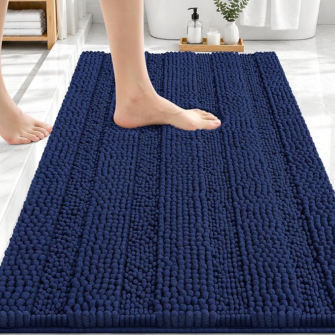 OLANLY Thick Bathroom Rugs 30x20, Extra Absorbent Chenille Striped Bath Rugs, Rubber Backing, Machine Wash Dry, Bath Mats for Bathroom Floor, Tub and Shower, Home Decor Accessories, Twilight Sapphire
