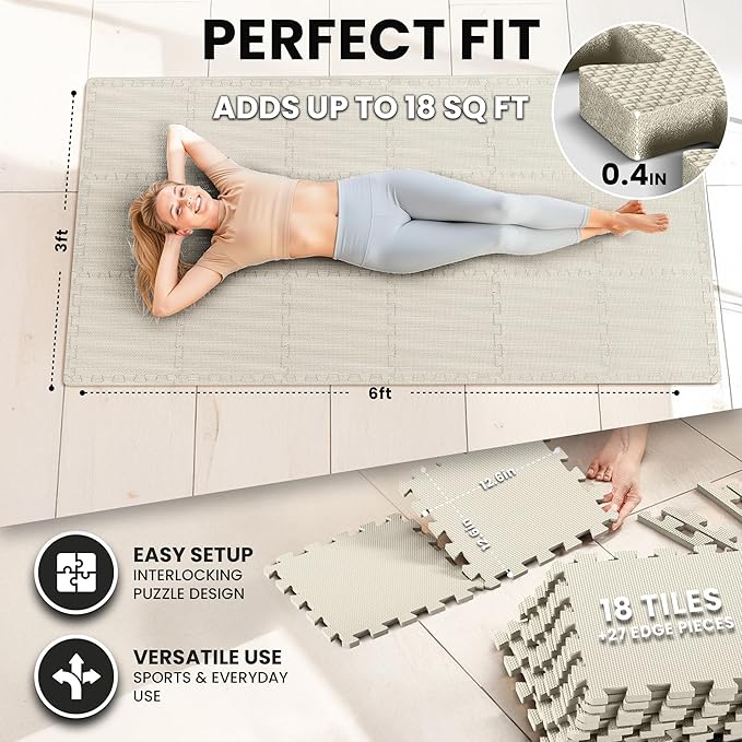 bemaxx Gym Mats Set - 18 pcs EVA Interlocking Foam Floor Tiles (12.6"x12.6"x0.4") 18sqft Protective Gym Flooring Sports Home Workout Exercise Mats Puzzle Garage Fitness Play-Room Pool Treadmill Bike