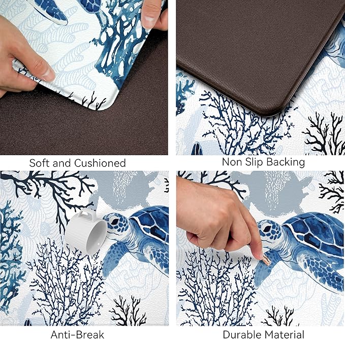 Coastal Beach Kitchen Floor Mat Rugs Nautical Decorative Coral Sea Turtle Kitchen Rugs Anti Fatigue Mats Non-Slip Comfort Standing Cushioned for Kitchen 17.3" 28" + 17.3" x 47" Set 2 Pcs Navy Blue