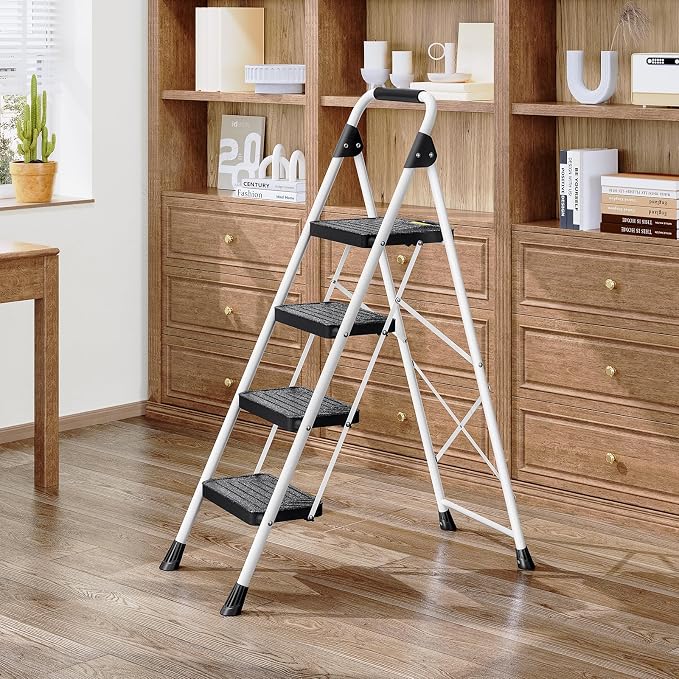 KINGRACK 4 Step Ladder, Folding Step Stool with Comfortable Handrail, Wide Anti-Slip Pedals & Safe-Lock Design, 800lbs Load Capacity, Sturdy Steel Portable Ladder, Perfect for Home and Kitchen, White