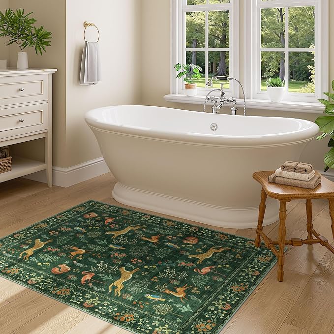 DUKINO 3x4 Washable Entryway Rug, Vintage Animal Ultra Soft Kitchen Area Rug with Non Slip Backing, Low Pile & Stain Resistant Indoor Door Mat for Bathroom, Bedroom, Laundry Room, Office, Green