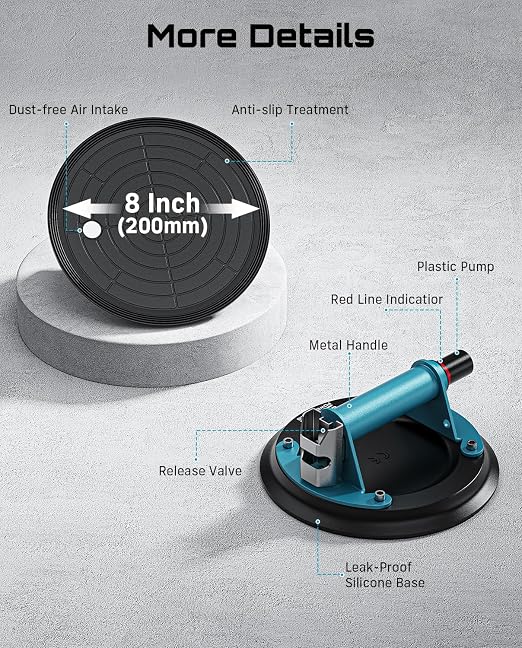 SEESII Glass Suction Cups with Metal Handle, 8" Tile Suction Cup Tool, 450 lbs (200kg) Load Capacity Heavy Duty Vacuum Lifter for Lifting Tile/Granite/Windows/Mirror (2 Pack)