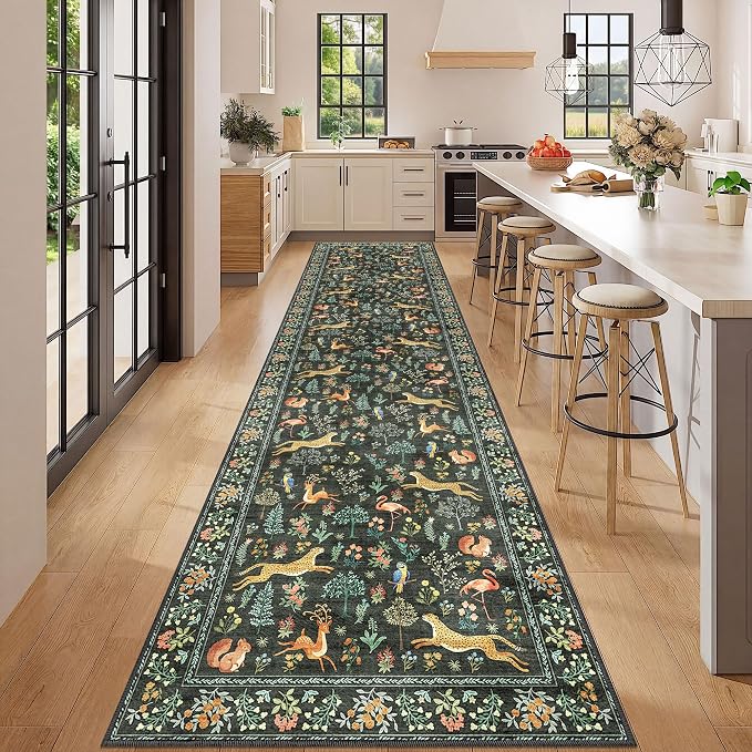 DUKINO 3x12 Runner Rug, Non Slip Animal Print Runner Rug for Hallway, Vintage Low Pile & Stain Resistant Soft Indoor Long Carpet Runner for Kitchen, Bathroom, Laundry, Bedroom, Black