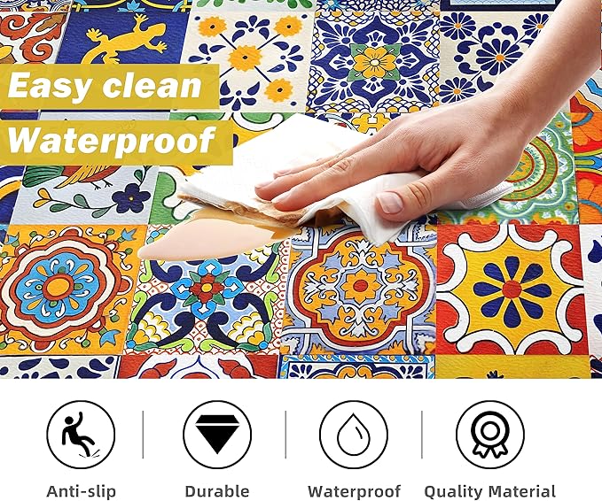 weesire Boho Kitchen Rugs Set 2 Pieces Memory Foam Colorful Ceramic Comfort Tile Floor Mat Anti Fatigue Non-Skid PVC Runner Rug Water & Oil Proof Carpet for Kitchen Laundry Sink,17.3x28+17.3x47 Inch