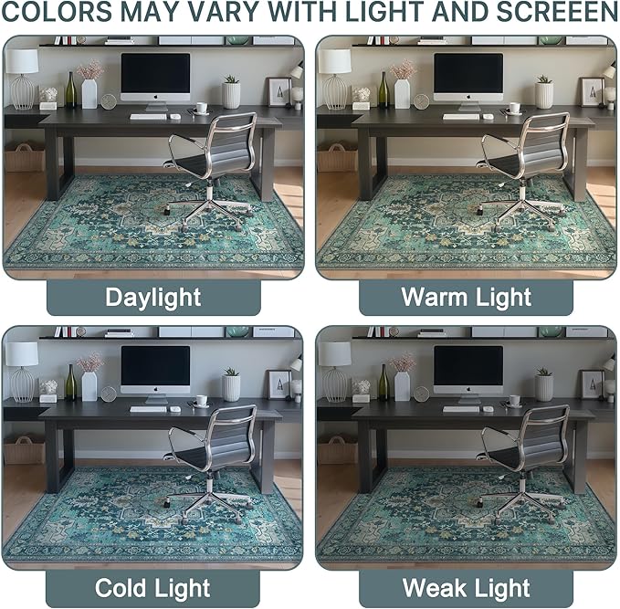 48"x60" Office Chair Mat for Hardwood Tile Floor, Under Desk Carpet Protector for Rolling Computer Chair Mat, Machine Washable Area Rug, Anti-Slip 1/5" Thick Low Pile Thin Vinyl Floor Mat, Turquoise