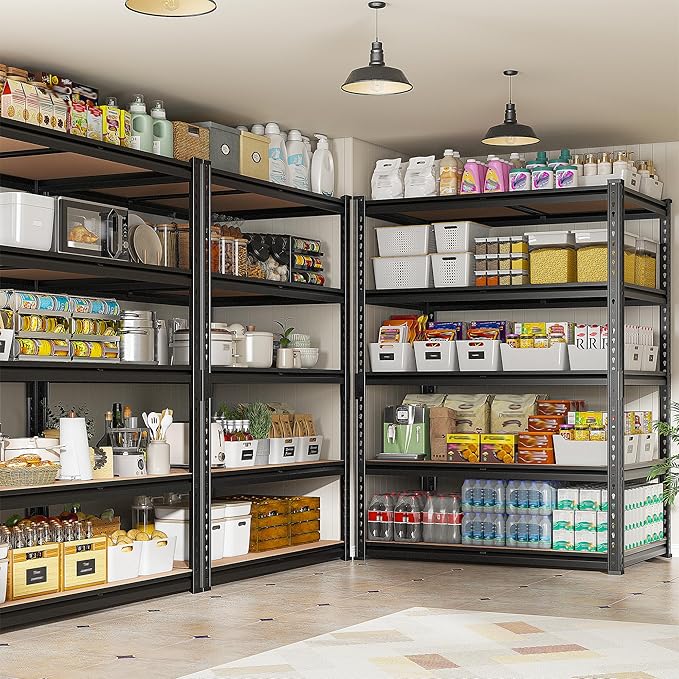 REIBII 2400LBS Storage Shelves 5 Tier Garage Shelving Heavy Duty, Adjustable Metal Shelving, Garage Shelves for Basement, Warehouse, Pantry, Closet, Kitchen 72" H x 35.55" W x 16" D, Black, 4 Pack