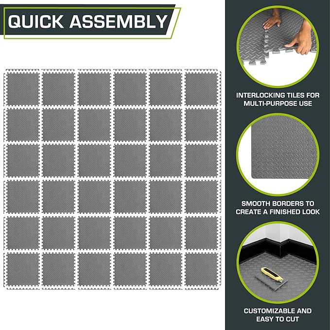 ProsourceFit Exercise Puzzle Mat ½-inch, EVA Interlocking Foam Floor Tiles for Home Gym, Workout Equipment, Kids Play Areas, Grey, 144 SQ FT - 36 Tiles