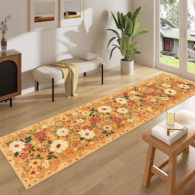 DUKINO 2x8 Runner Rug for Hallway, Washable Kitchen Runner Rug with Rubber Backing Non Slip, Low Pile Soft Boho Floral Thin Carpet for Entryway, Hallway, Bathroom, Laundry Room, Orange