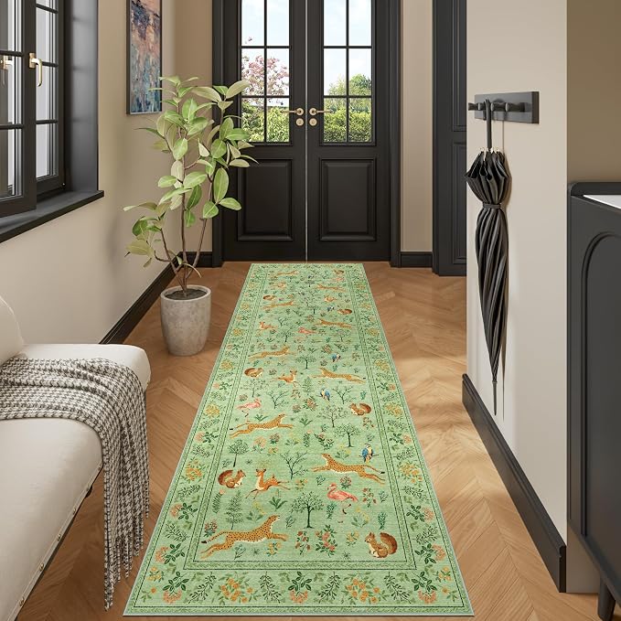 DUKINO 2.6x8 Rug for Hallway, Washable Kitchen Runner Rug with Non Slip Backing, Soft Low Pile Vintage Animal Runner for Bedroom, Kitchen, Hallway, Entryway, Laundry, Light Green