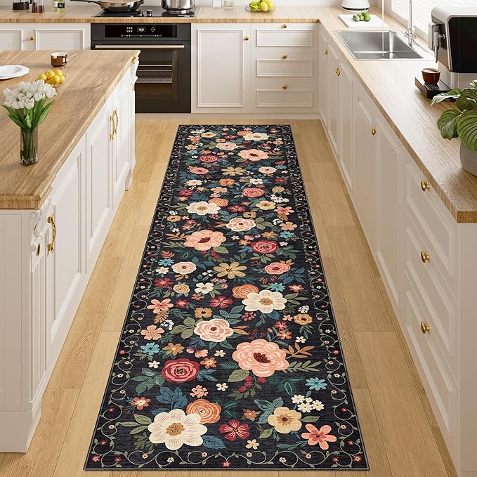 DUKINO 2x8 Runner Rug for Hallway, Washable Kitchen Runner Rug with Rubber Backing Non Slip, Low Pile Soft Boho Floral Thin Carpet for Entryway, Hallway, Bathroom, Laundry Room, Black