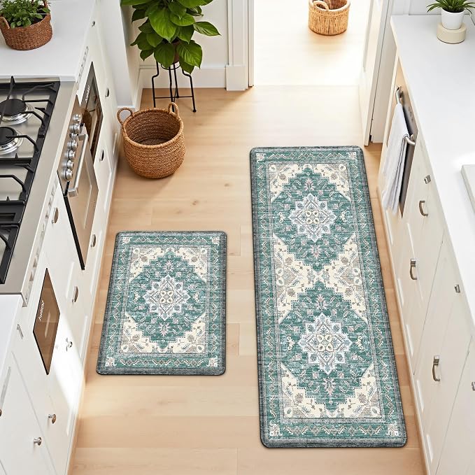 Boho Kitchen Mats for Floor 2 Piece Set Anti Fatigue Cushioned PVC Kitchen Rugs Non Slip Waterproof Farmhouse Mats 2/5 Inch Comfort Standing Mat for Sink, Laundry, 17.3"x59"+17.3"x28", Blue Green