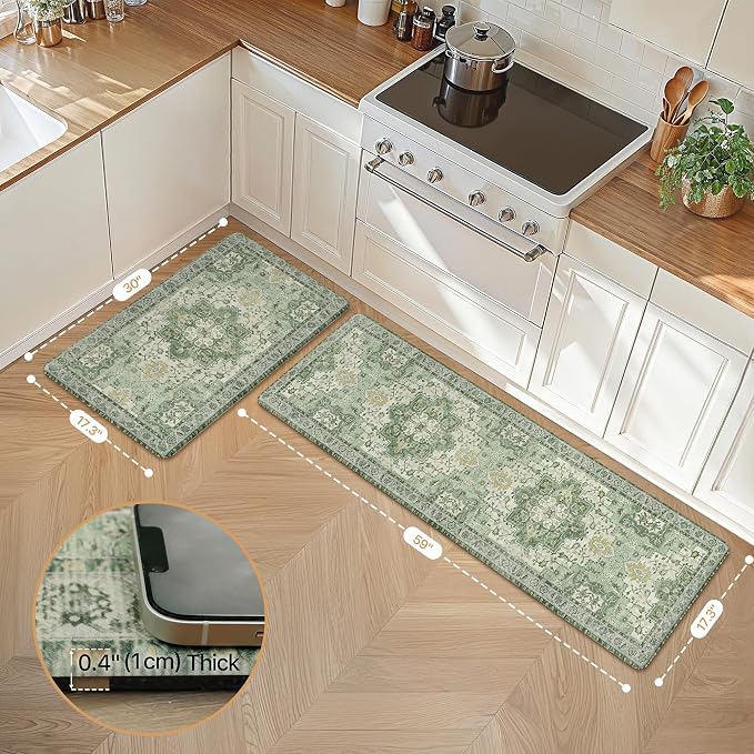 GENIMO Kitchen Mats for Floor 2PCs, Washable Anti Fatigue Mat for Cushioned, 17.3"x59"+17.3"x30", Waterproof Kitchen Rugs, Non Slip Comfort Standing Mat Rug for Home, Sink, Laundry, Light Green