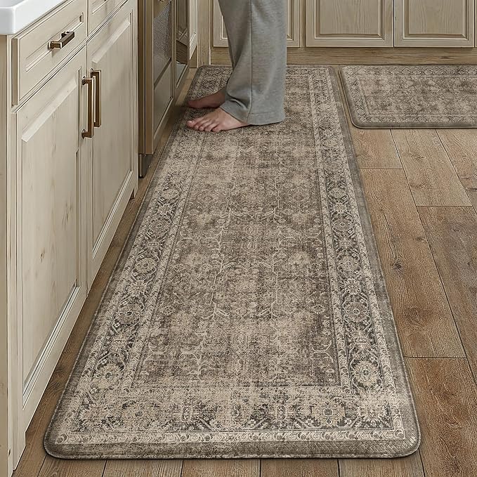 PureCozy Kitchen Mats 2PCS Anti Fatigue Cushioned Mat Brown Vintage Kitchen Mats for Floor Waterproof Non Slip Comfort Standing Distressed Rug for Sink Laundry Office 17.3"x59"+17.3"x30"