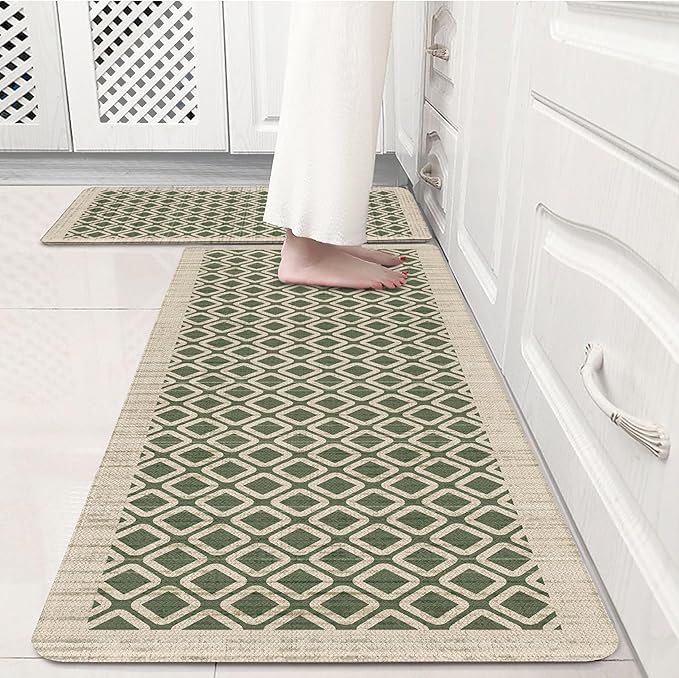 Sage Green Vintage Geometric Elegance Grid Kitchen Rug Sets [2 PCs], Anti-Fatigue, Waterproof Non-Slip Kitchen Mats Heavy Duty Comfort Foam Rug for Kitchen, Floor, Laundry,17"x29"+17"x47"