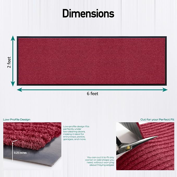 MaxMat® Extra Large Commercial Door Mat, Rubber Border Heavy Duty Door Mat, Waterproof, Low-Profile, Easy to Clean, Rubber Entry Mat. (Red, 2 x 6 Feet)