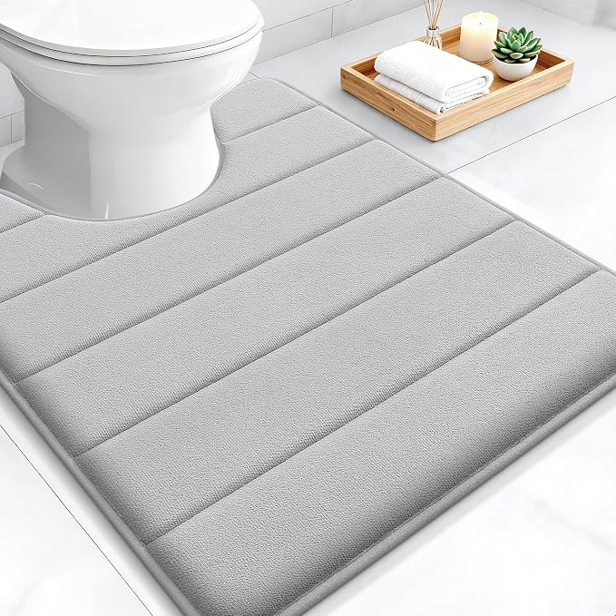 OLANLY Memory Foam Toilet Rugs U Shaped 24x20, Super Soft Absorbent Contour Bath Rugs, Quick Dry, Machine Washable Toilet Mat, Bathmat Floor Carpet, Bathroom Home Decor Accessories, Light Gray