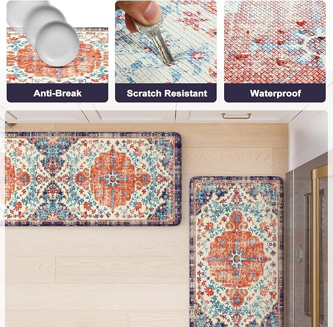 KIMODE Anti Fatigue Kitchen Mat, Boho Vintage Kitchen Rugs Sets of 2, Cushioned Non-Slip Kitchen Mats for Floor, Comfort Kitchen Floor Mats for Sink, Laundry, Desk Orange/Purple,17"x47"+17"x29"