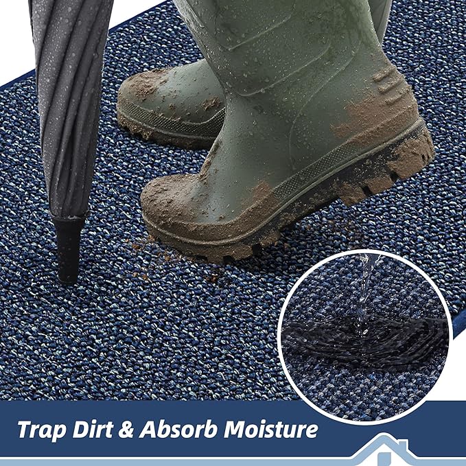BEQHAUSE Dirt Trapper Door Mat 26" x 40" Half Circle Non-Slip Washable Doormats Entrance Rugs Absorbent Welcome Low Profile Floor Mats for Front Back Door and Entryway, Blue