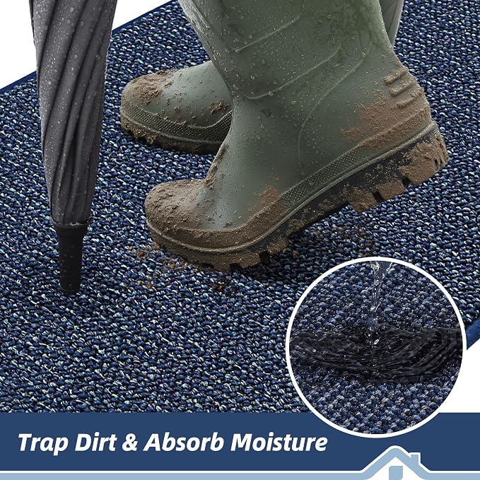 BEQHAUSE Dirt Trapper Door Mat 32" x 48" Half Circle Non-Slip Washable Doormats Entrance Rugs Absorbent Welcome Low Profile Floor Mats for Front Back Door and Entryway, Blue