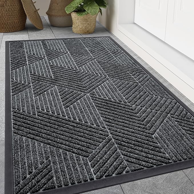 Smiry Front Door Mat Outside Entrance, Heavy Duty Sturdy Natural Rubber Doormat, Trap Dirt and Moisture, Easy Clean Low Profile Welcome Floor Mats for Indoor Outdoor Entry, 47x17 Inch, Grey