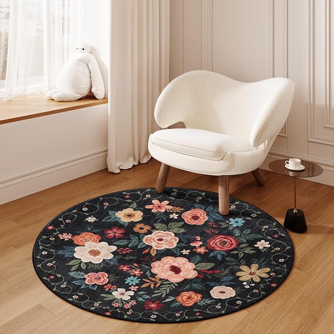 DUKINO Floral Round Rug, 4ft Washable Round Area Rug, Non Slip Indoor Low Pile Circle Rug, Soft Small Boho Design Circle Rug for Bedroom, Entryway, Living Room, Dining Room,Black