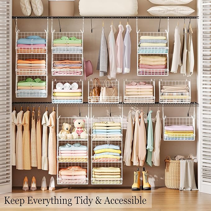 X-cosrack 3 Tier Foldable Closet Organizer, Clothes Shelves with 5 S Hooks, Wall Mount&Cabinet Wire Storage Basket Bins, for Clothing Sweaters Shoes Handbags Clutches Accessories-White Patent Design