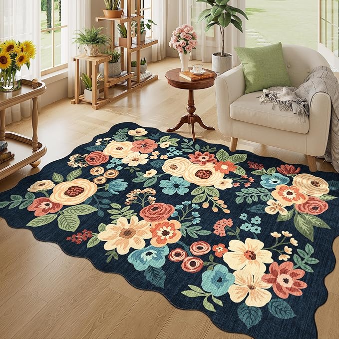 DUKINO 4x6 Area Rug, Floral Non-Slip Indoor Washable Rug with Low Pile & Non-Shedding, Lightwight Boho Design Carpet for Entryway, Bedroom, Kids Room, Living Room, Kitchen, Navy Blue