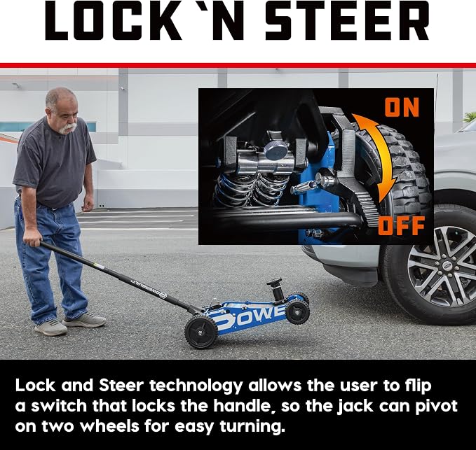 Powerbuilt 2.5 Ton Big Wheel Off Road Jack, Vehicle Lift for Trucks, SUVs, ATVs Offroad Vehicles, Oversized Wheels for Rugged Terrain, 5000 LB Capacity, Blue 620620ECE