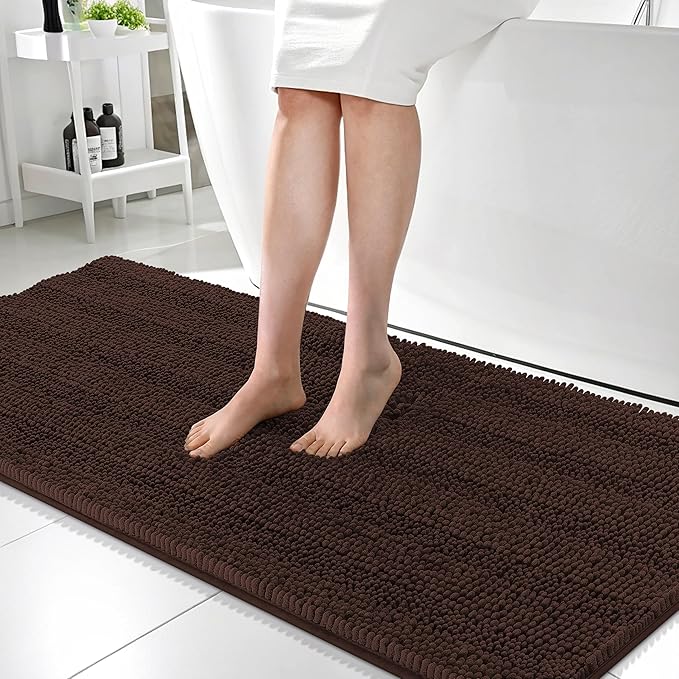 OLANLY Thick Bathroom Runner Rugs 59x24, Absorbent Chenille Striped Bath Rugs, Rubber Backing, Machine Wash Dry, Extra Long Bath Mats for Bathroom Floor, Tub and Shower, Home Decor Accessories, Brown