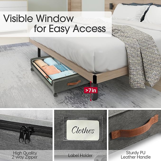 Yecaye Under Bed Storage with Wheels, 4 Pack Under Bed Rolling Storage with Clear Window & Label, 60 L Underbed Storage Containers, Rolling Under Bed Metal Drawer for Clothes, Shoes, Books