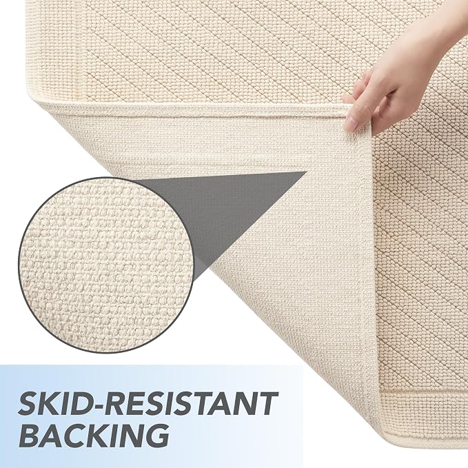 Arkwright 100% Cotton Bathroom Rug - High Absorbent Stylish Textured Woven Design Bath Mat, Slip Resistant Backing for Shower and Bathtub Floor, 20x32 in - Beige