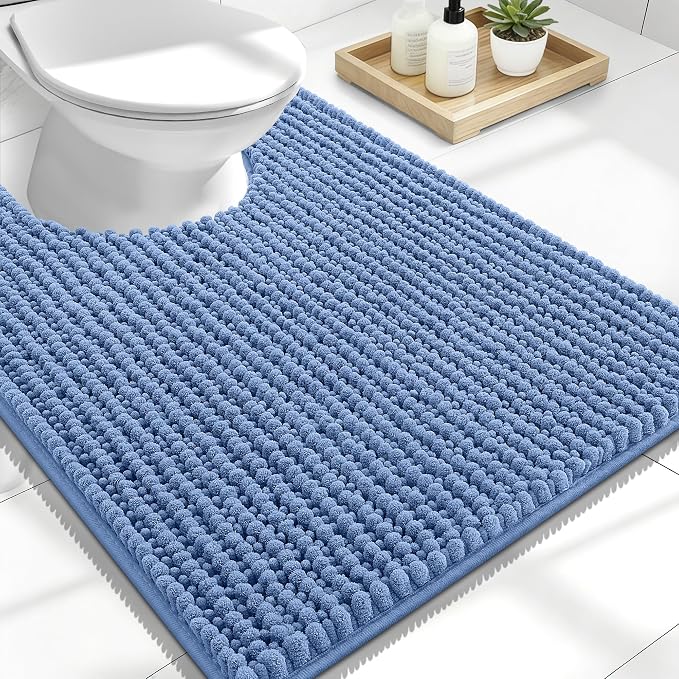 OLANLY Thick Toilet Rugs U-Shaped 24x20, Extra Soft Absorbent Shaggy Chenille Contour Bathroom Rugs for Toilet, Dry Quickly, Machine Washable, Non-Slip Bath Mat, Cornflower Blue