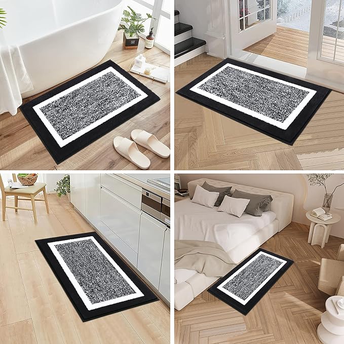 Pauwer Bathroom Rug Sets 3-Piece Shower Rugs with U-Shaped Contour Toilet Mat Absorbent Microfiber Plush Bath Mats Non Slip Machine Washable Shaggy Bathroom Floor Mats, Black