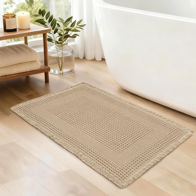 JIUZHEN Waffle Bath Mat Super Absorbent Non Slip Waffle Bath Mats Machine Washable Bathroom Shower Rugs Ultra Soft Boho Bath Rugs for Bathroom, 16" x 24", Loop-Brown