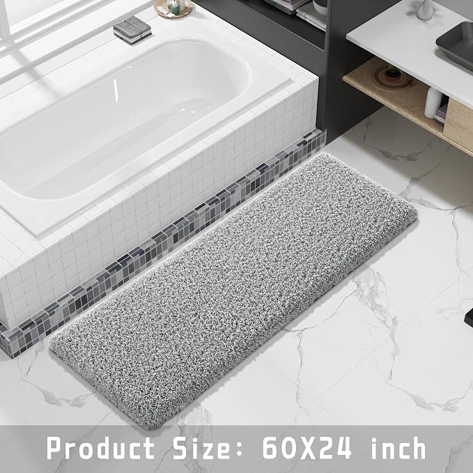 Yimobra Fluffy Plush Bath Rug, Super Shaggy Soft Comfortable Non Slip, Water Absorbent Microfiber Bath Mat, Dries Quickly, Machine Washable Thick Bathroom Rugs for Shower, 60" X 24", Pure Gray