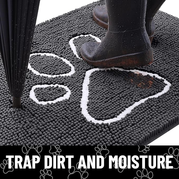 Smiry Dog Door Mat for Muddy Paws, Absorbent Dirt Trapper Non Slip Quick Dry Washable Chenille Mat for Mud Dogs, Entry Rug for Indoor and Outdoor (34x21 Inches, Dark Grey and White)