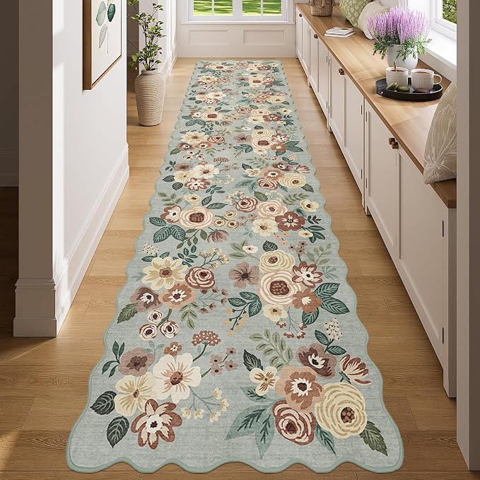 DUKINO 2x8 Washable Runner Rug, Soft Floral Hallway Rug Runner with Low Pile Design, Non Shedding & Non Slip Backing Thin Indoor Carpet for Bedroom, Bathroom, Entrance, Kitchen, Sage Green