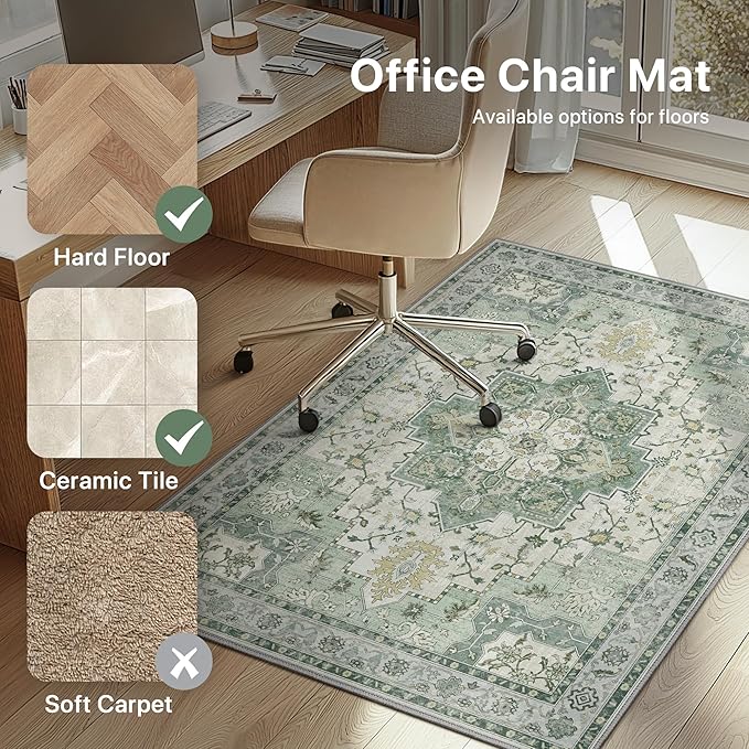36"x48" Office Chair Mat for Hardwood Tile Floor, Under Desk Carpet Protector for Rolling Computer Chair Mat, Machine Washable Area Rug, Anti-Slip 1/5" Thick Low Pile Thin Vinyl Floor Mat, Green