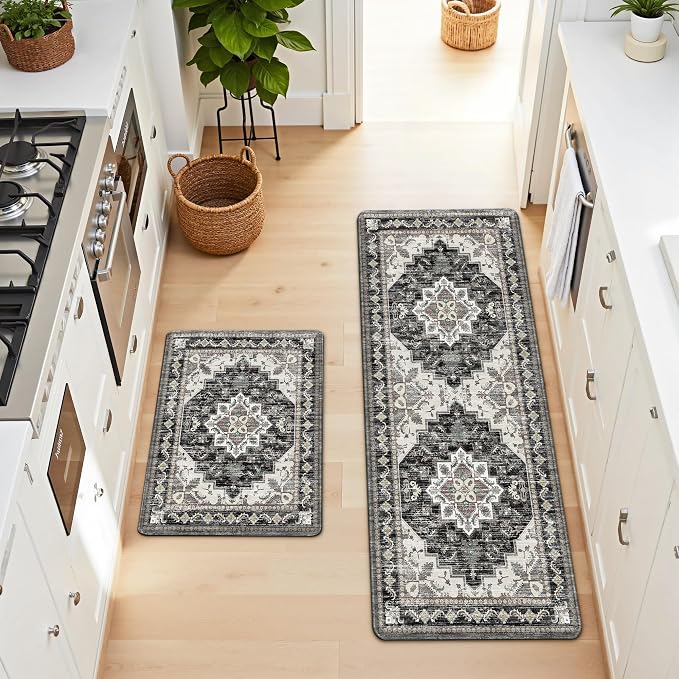 Boho Kitchen Mats for Floor 2 Piece Set Anti Fatigue Cushioned PVC Kitchen Rugs Non Slip Waterproof Farmhouse Mats 2/5 Inch Comfort Standing Mat for Laundry, 17.3"x47"+17.3"x28", Black Brown Grey