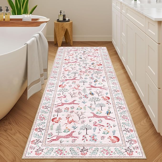 DUKINO 2x10 Rug for Hallway, Washable Kitchen Runner Rug with Non Slip Backing, Soft Low Pile Vintage Animal Runner for Bedroom, Kitchen, Hallway, Entryway, Laundry, Pink