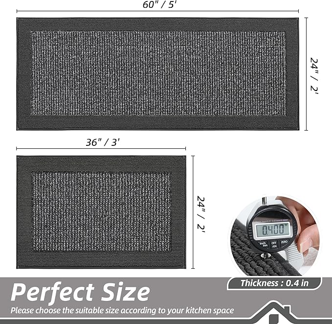 BEQHAUSE Kitchen Rugs and Mats Set of 2 Non-Slip Kitchen Mats for Floor, Absorbent and Stain Resistant Kitchen Runner, Machine Washable Rugs for Kitchen, Laundry & Sink, 24"x36"+24"x60", Charcoal