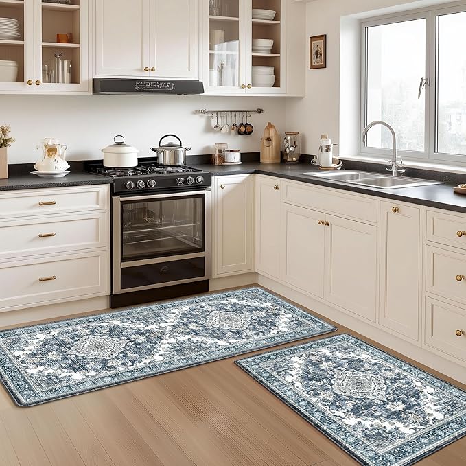Boho Kitchen Mats for Floor 2 Piece Set Anti Fatigue Cushioned PVC Kitchen Rugs Non Slip Waterproof Farmhouse Mats 2/5 Inch Comfort Standing Mat for Sink, Laundry, 23.6"x39"+23.6"x59",D5