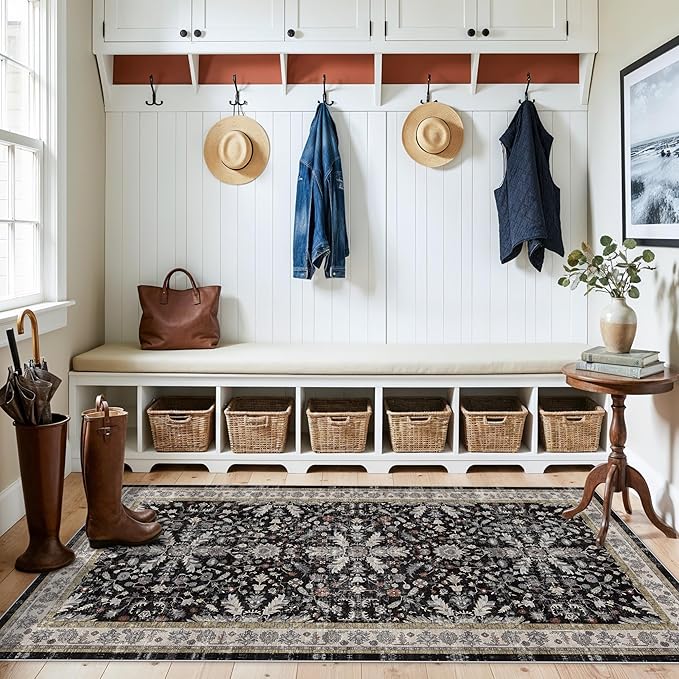 3x6 Kitchen Runner Rug Non Slip Washable - Soft Low Pile Stain-Resistant Wide Carpet Runner for Hallway Entryway Bedroom Bathroom with Rubber Backing - Boho Floral Door Mat(Black,3x6)