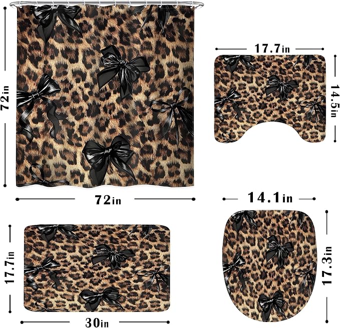 4 PCS Leopard Black Bow Shower Curtain Set 72Wx72H,Toilet Lid Cover,Non-Slip Rugs and U-Shaped Mat, Girly Cheetah Bathroom Sets with Rugs Shower Accessories 12 Hooks for Bathroom Decor