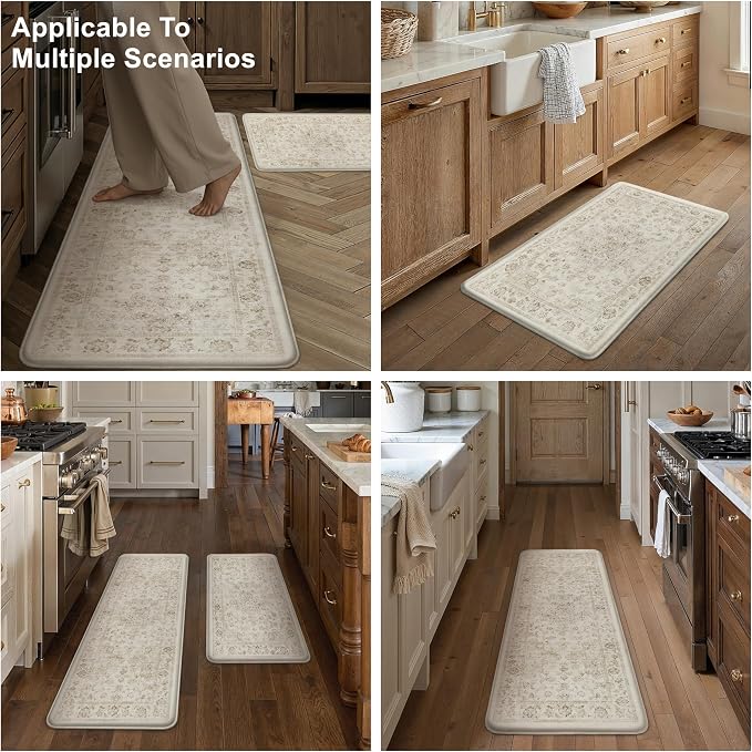 Thick Anti Fatigue Kitchen Mats 2PCS Beige Neutral Cushioned Vintage Floor Mat Non-Slip Waterproof Comfort Standing Rug for Sink Laundry Office 17.3"×47"+17.3"×30" (0.47inch)
