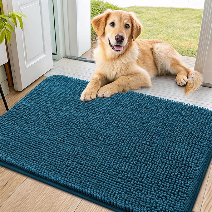 Smiry Dog Door Mat for Muddy Paws 36x24, Absorbent Dirt Trapper, Non-Slip Washable Chenille Entryway Rug for Inside Floor, Atlantic Blue, Classic Solid