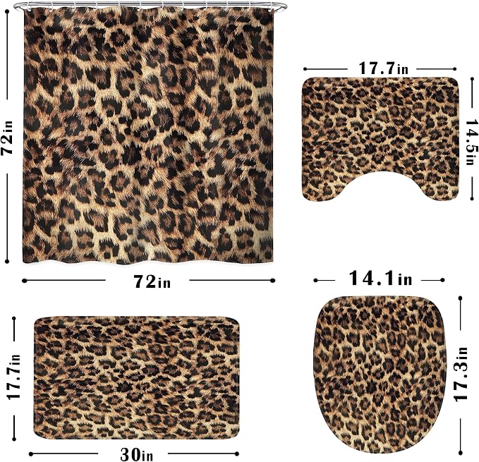 4 PCS Leopard Print Shower Curtain Set 72Wx72H,Toilet Lid Cover,Non-Slip Rugs and U-Shaped Mat,Wild Safari Cheetah Bathroom Sets with Rugs Shower Accessories 12 Hooks for Bathroom Decor