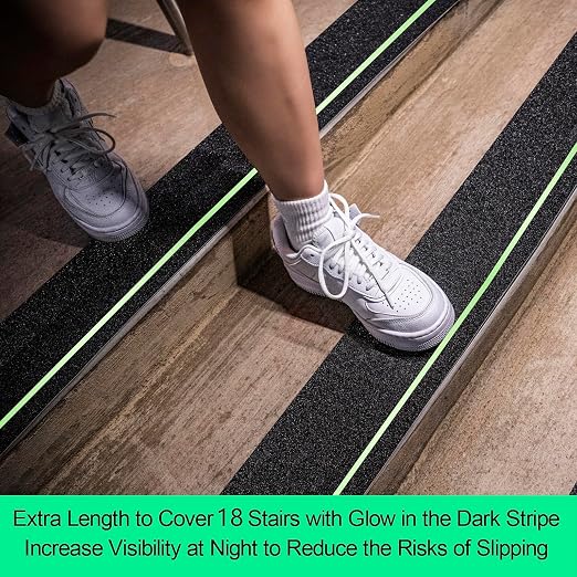 Anti Slip Tape with Glow in Dark Stripe for Stairs, 4”x42ft, Grip Tape for Stairs Steps for Outdoor/Indoor, Waterproof Non Slip Strips for Stair Treads, High Traction, Easy Install